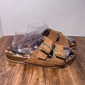 Vince Camuto Mannissa Sandals Brown Suede Faux Leopard Fur lined Size 9.5